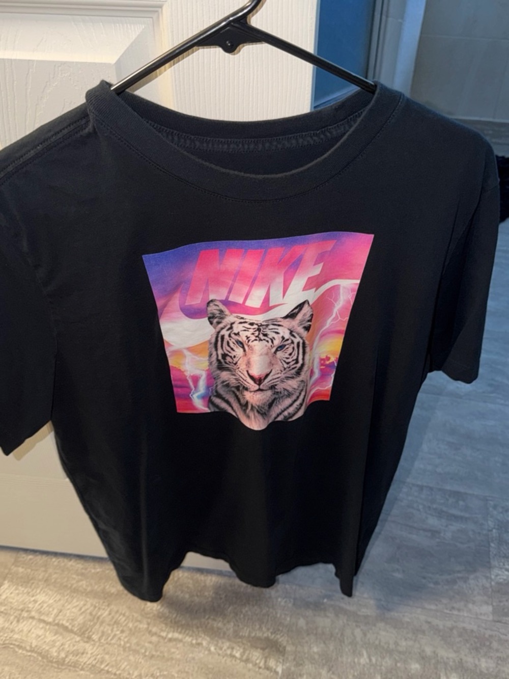 Nike Black Short Sleeve Tee with Pink & Purple Tiger Graphic
